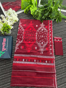 Maroon semi bridal cotton jamdani saree with silvery jori work maroon threads work