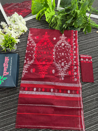 Maroon semi bridal cotton jamdani saree with silvery jori work maroon threads work