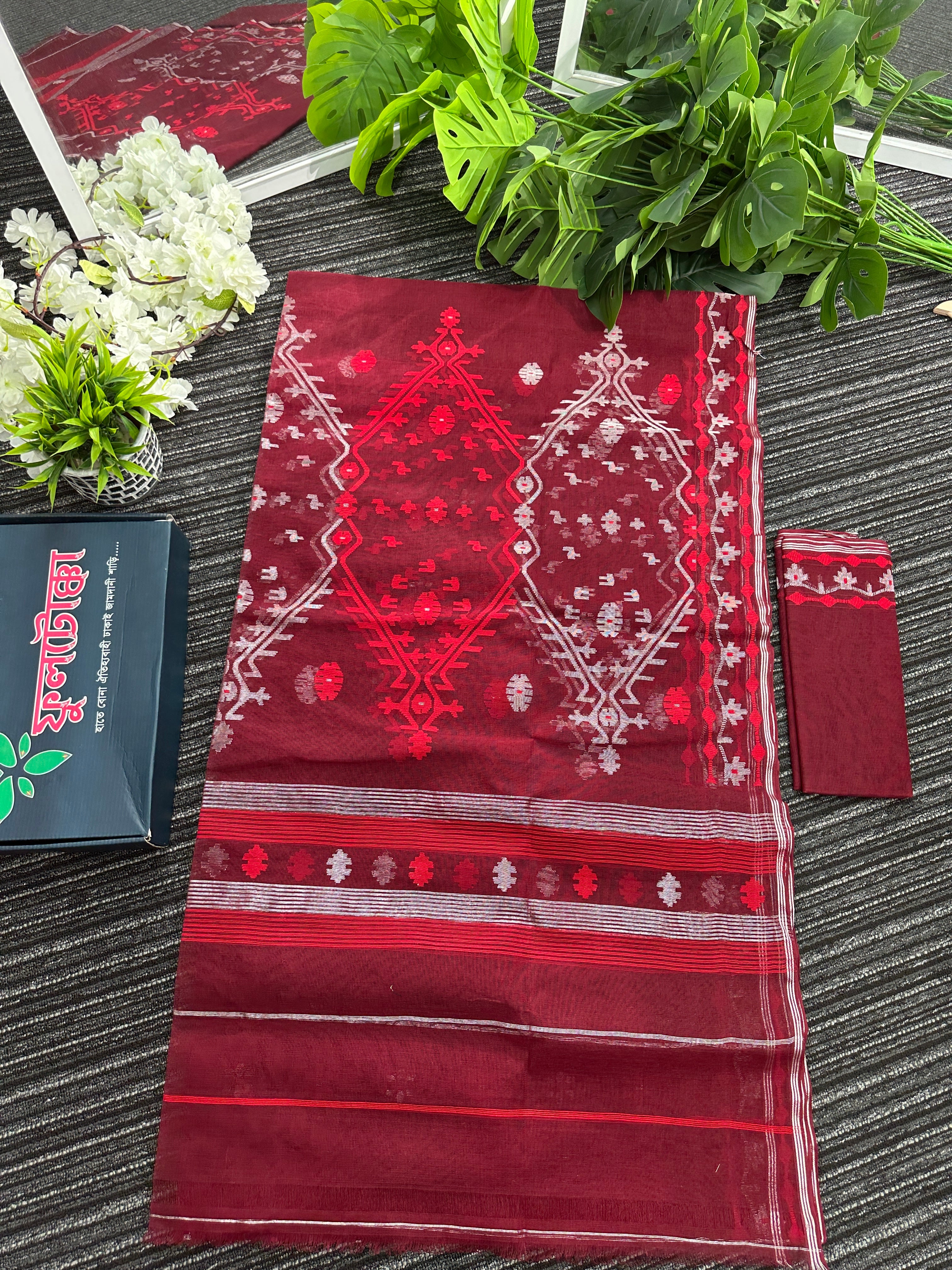 Maroon semi bridal cotton jamdani saree with silvery jori work maroon threads work