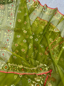 Olive green halfsilk handloom jamdani saree with golden silver & copper jori work