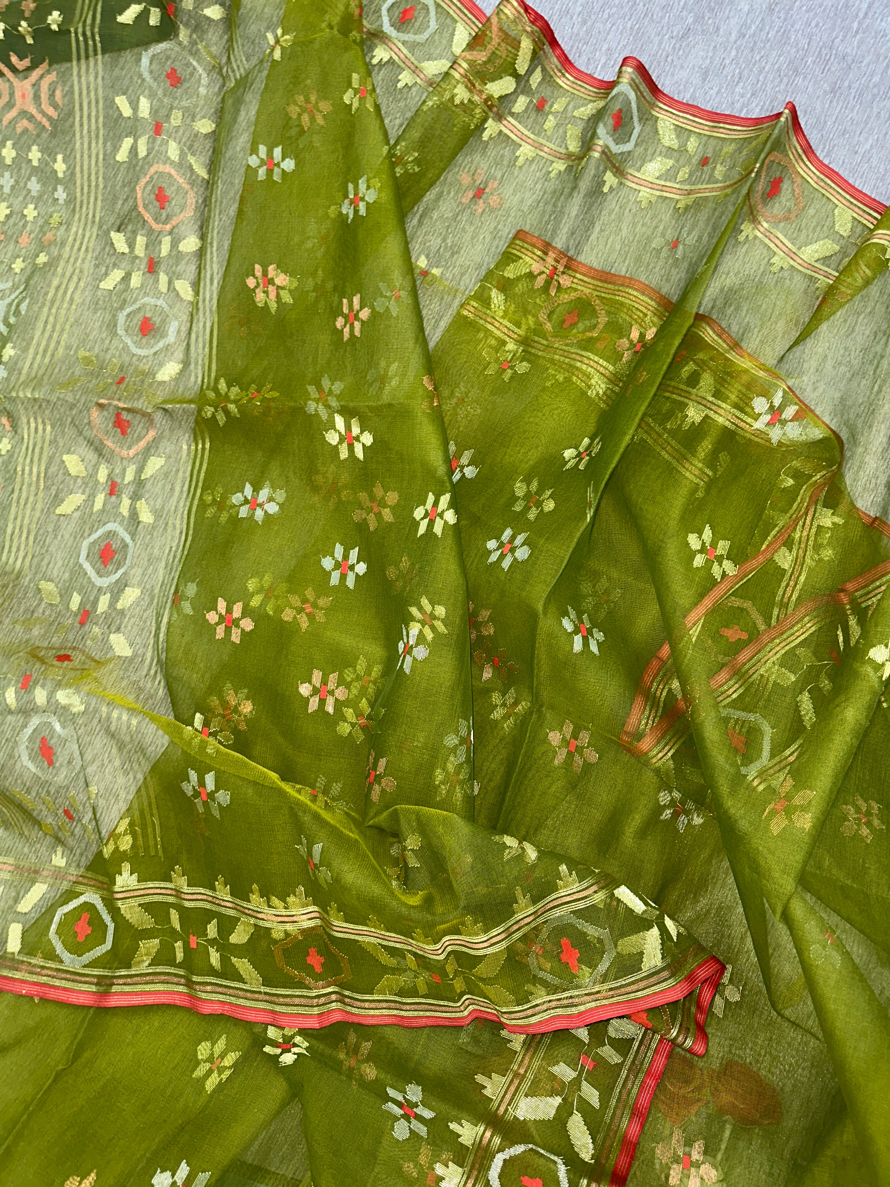 Olive green halfsilk handloom jamdani saree with golden silver & copper jori work
