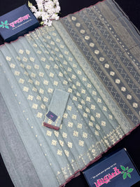 Powder Blue Original Handloom Hslfsilk Dhakai Jamdani With Golden Jori Work