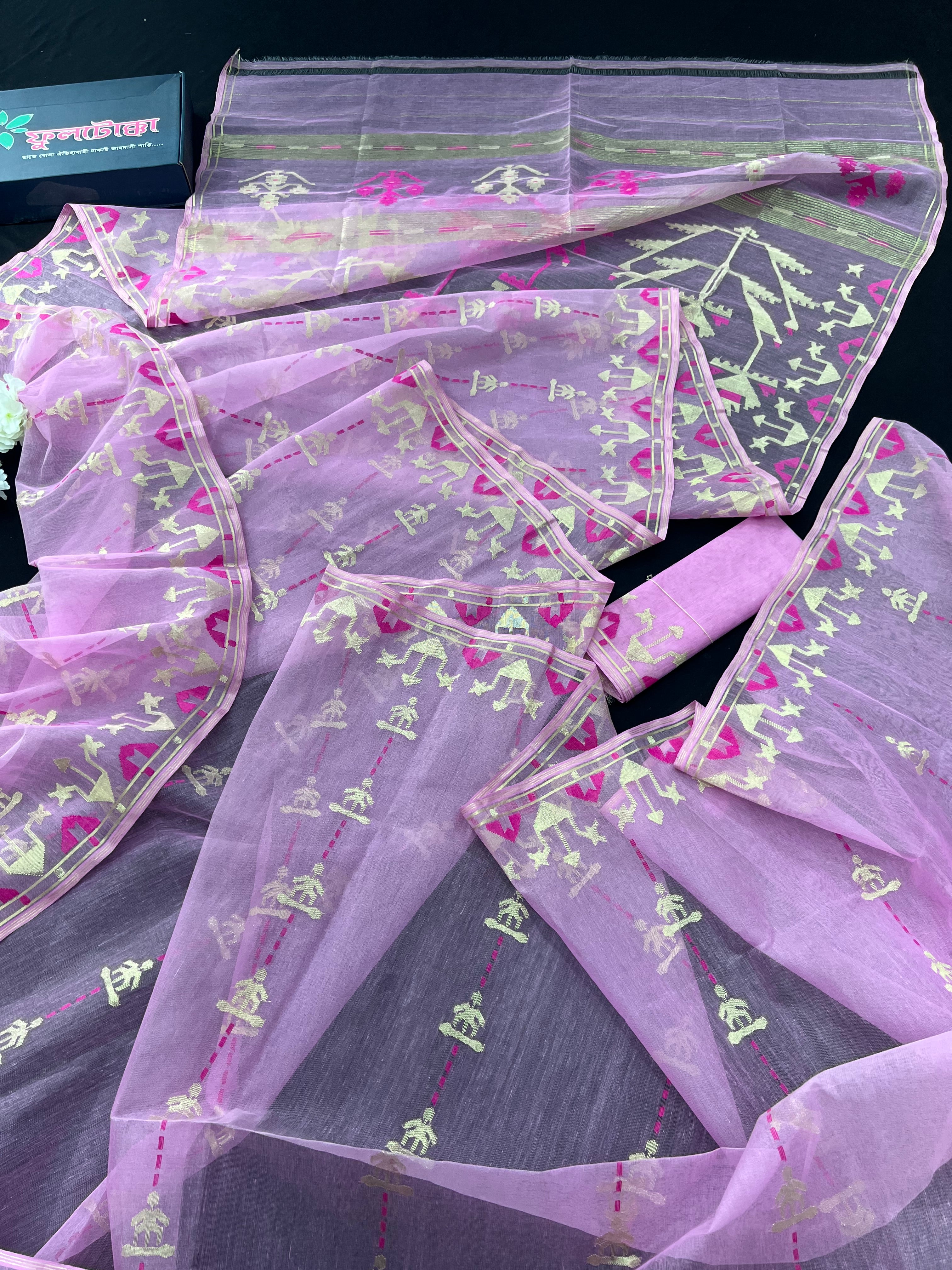 Lux Pink Original Handloom Hslfsilk Dhakai Jamdani Saree With Golden Jori Work and Magenta Threads Work