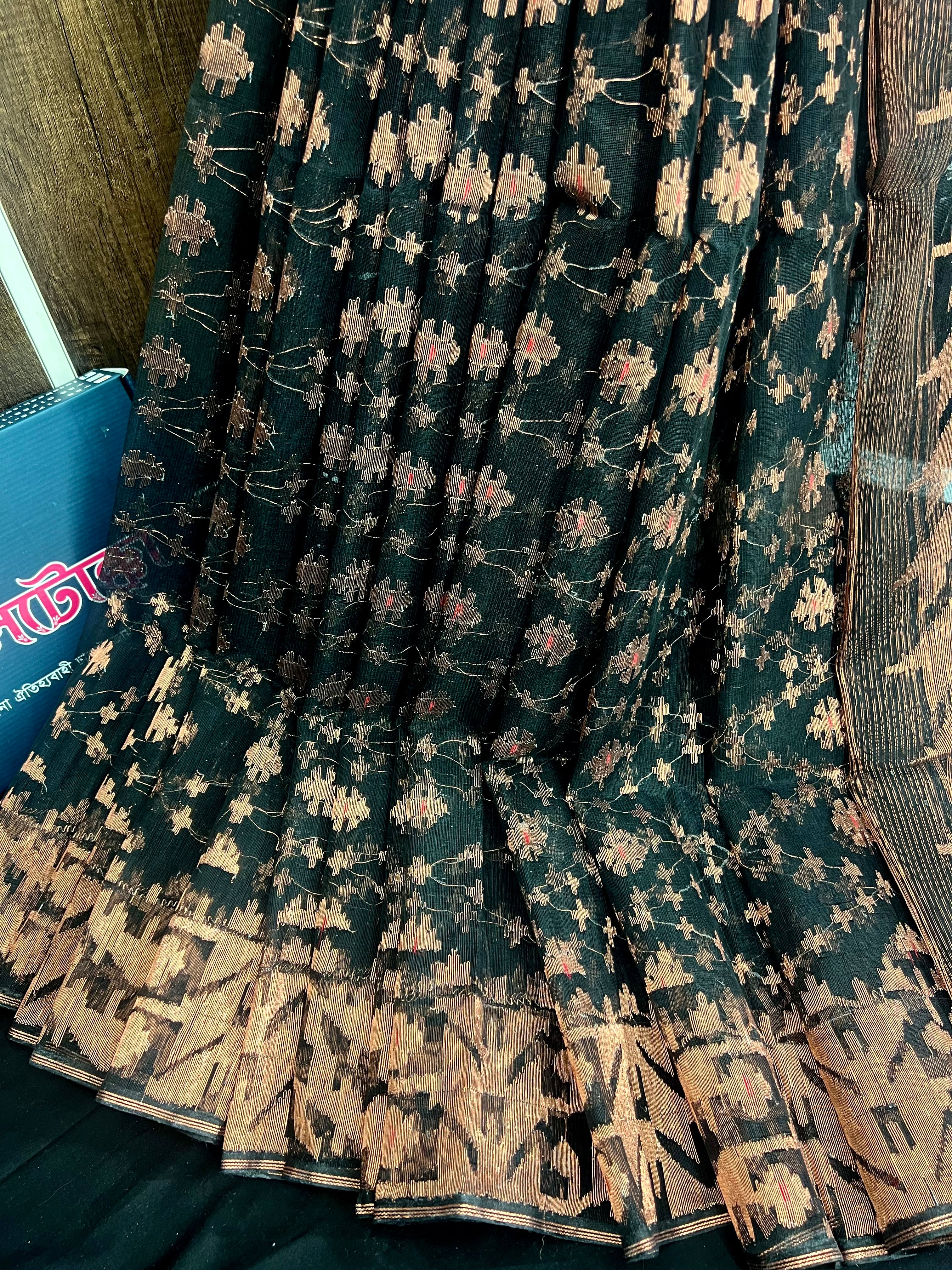 Black with copper halfsilk jamdani saree with magenta meena work