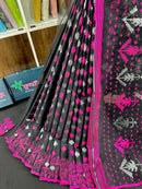 Black cotton jamdani saree with magenta threads work and silver jori work