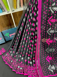 Black cotton jamdani saree with magenta threads work and silver jori work