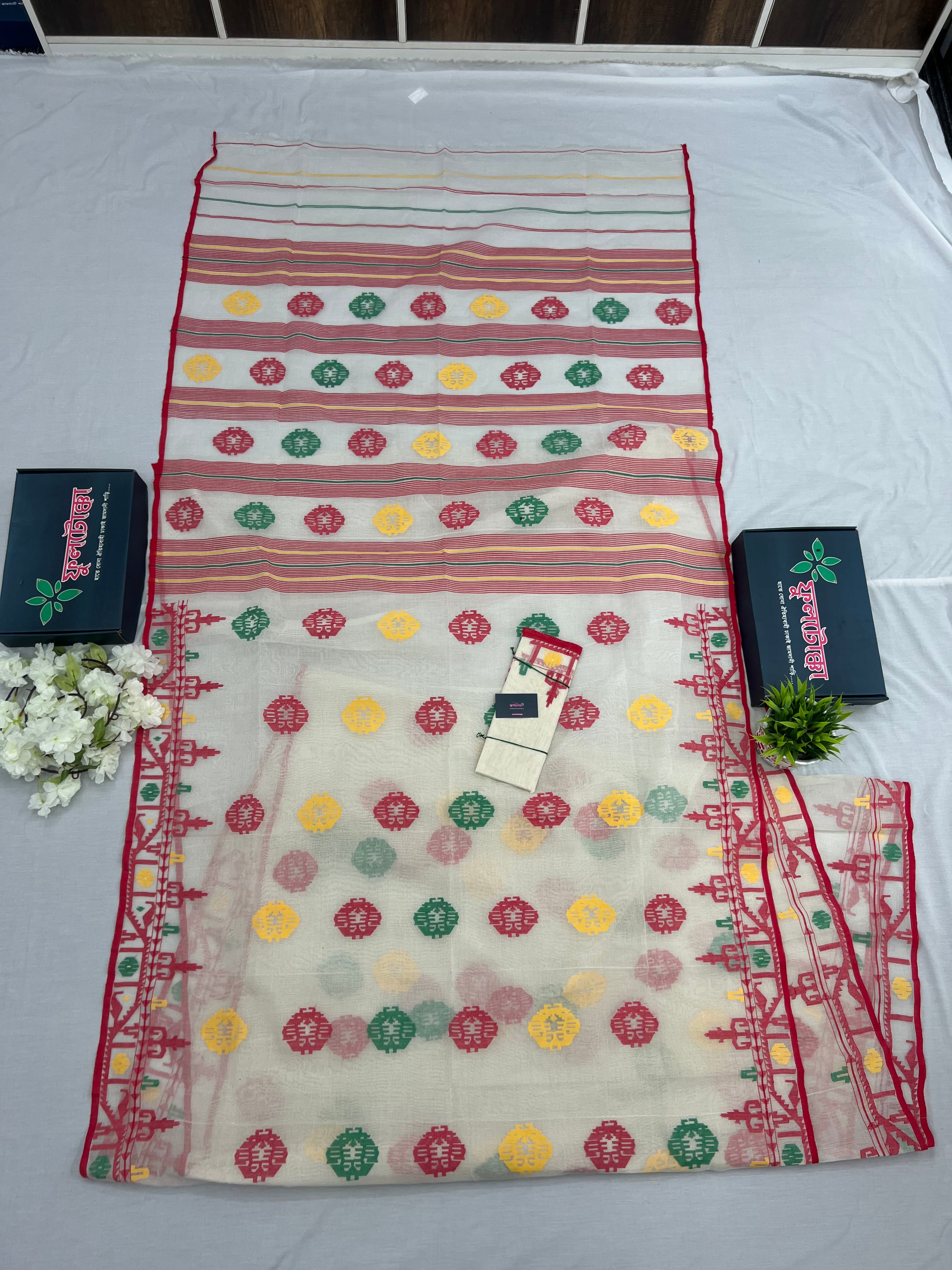 White multi cotton jamdani saree