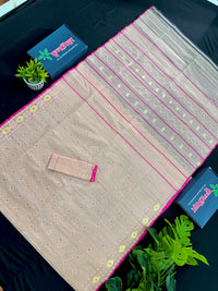 Soft pink halfsilk jamdani saree with golden jori work and pink meena work