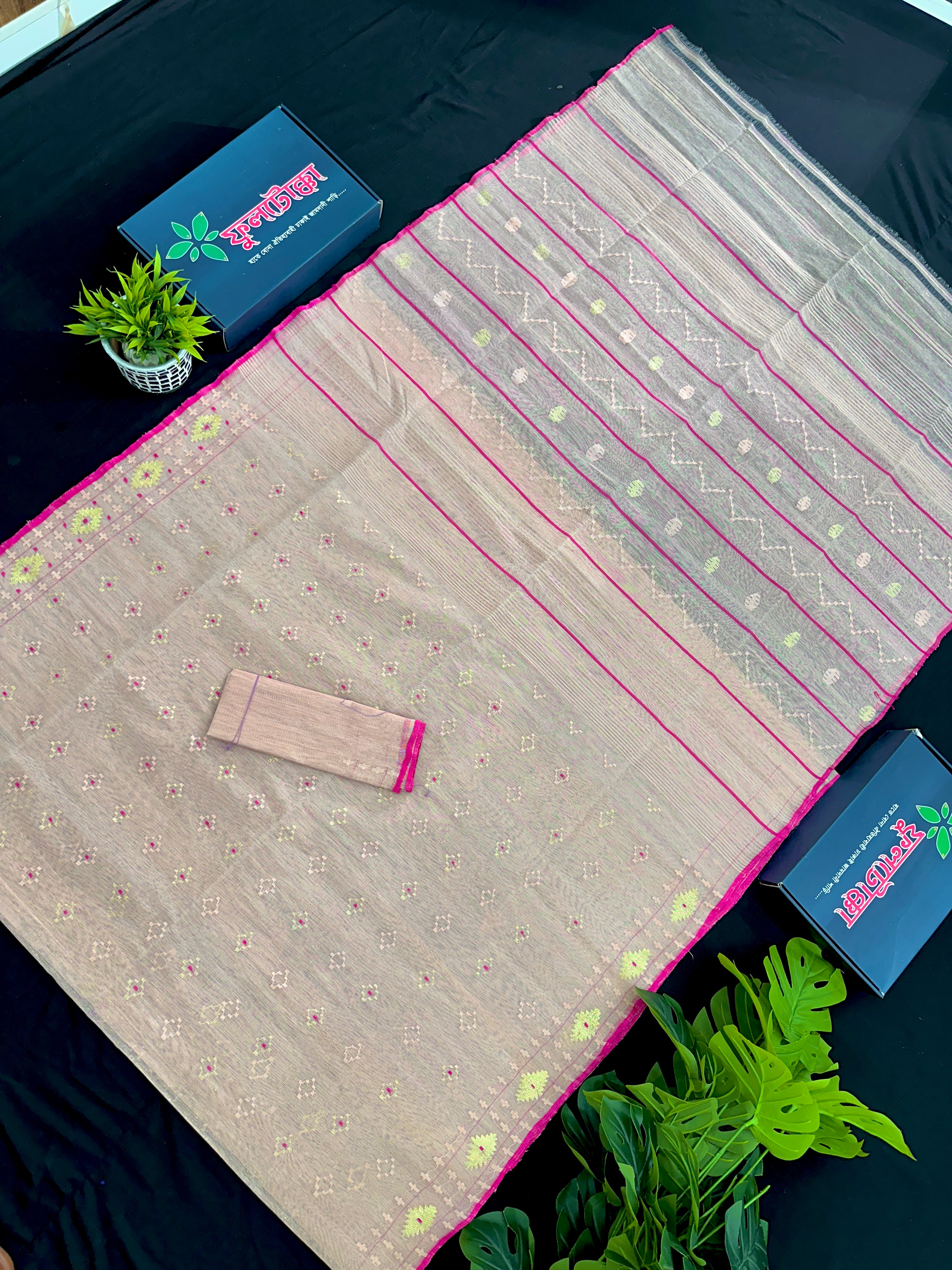 Soft pink halfsilk jamdani saree with golden jori work and pink meena work