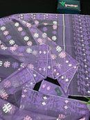 Lavender Jamdani Saree With White Pink Lavender Threads Work.