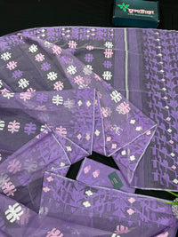 Lavender Jamdani Saree With White Pink Lavender Threads Work.