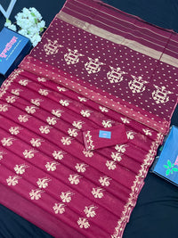 Maroon With Golden Original Handloom Halfsilk Dhakai Jamdani