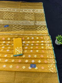 Yellow Original Handloom Dhakai Jamdani With Golden Silver & Copper Jori Work