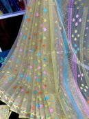 Baby yellow halfsilk jamdani saree with pink blue orange yellow threads work