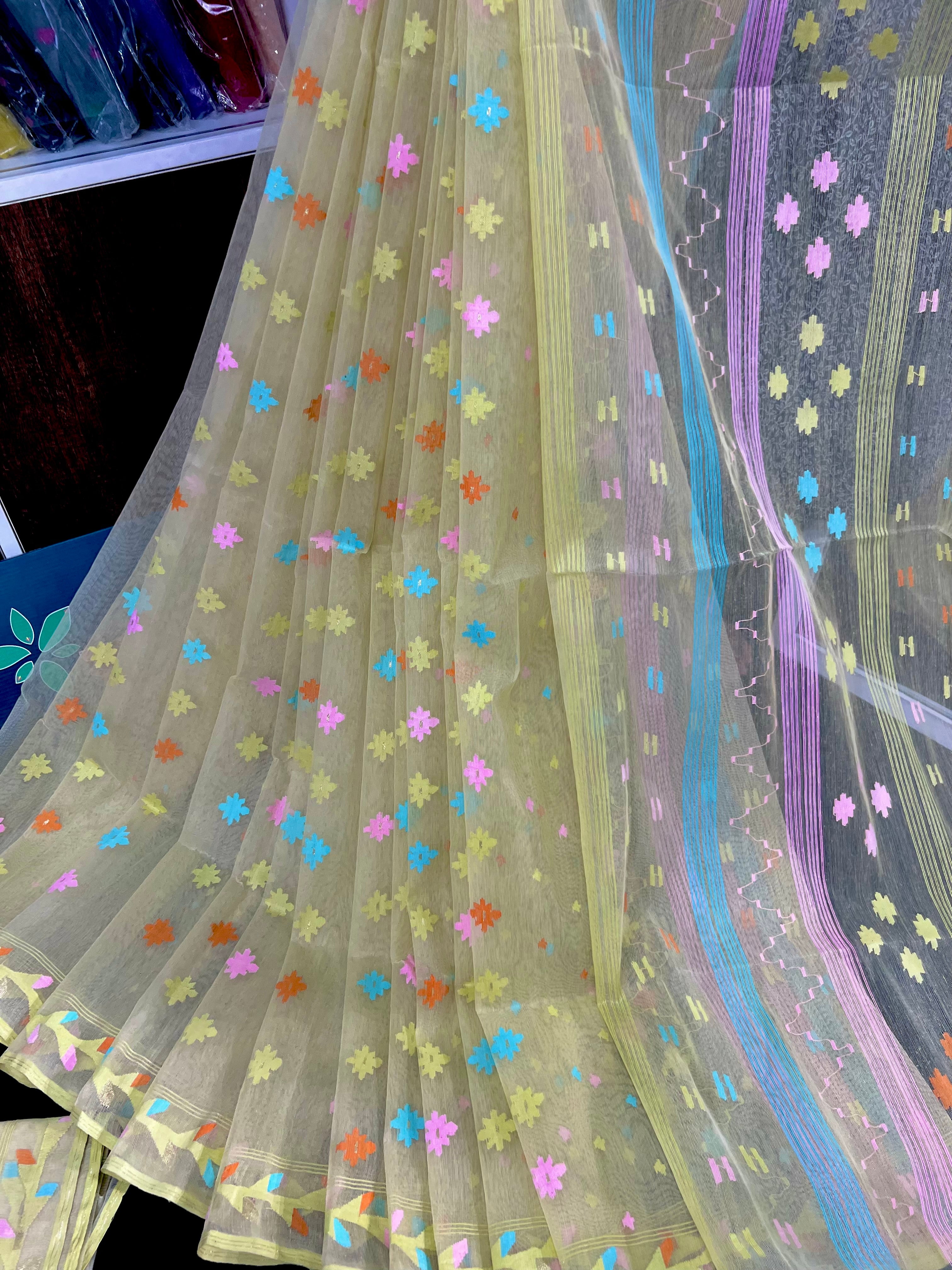 Baby yellow halfsilk jamdani saree with pink blue orange yellow threads work
