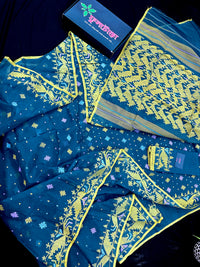 Peacock blue cotton jamdani saree with yellow threads work all over soft count