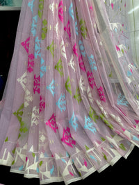Baby pink halfsilk jamdani saree with blue magenta green off white threads work