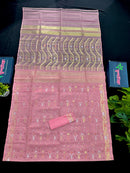Nion pink halfsilk jamdani saree with golden silver jori work and pink threads work