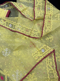Pastel yellow dhakai jamdani saree with yellow threads silver & copper jori work all over work soft count.