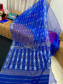Royal Blue Handloom Jamdani Saree With Multi Jori Work.