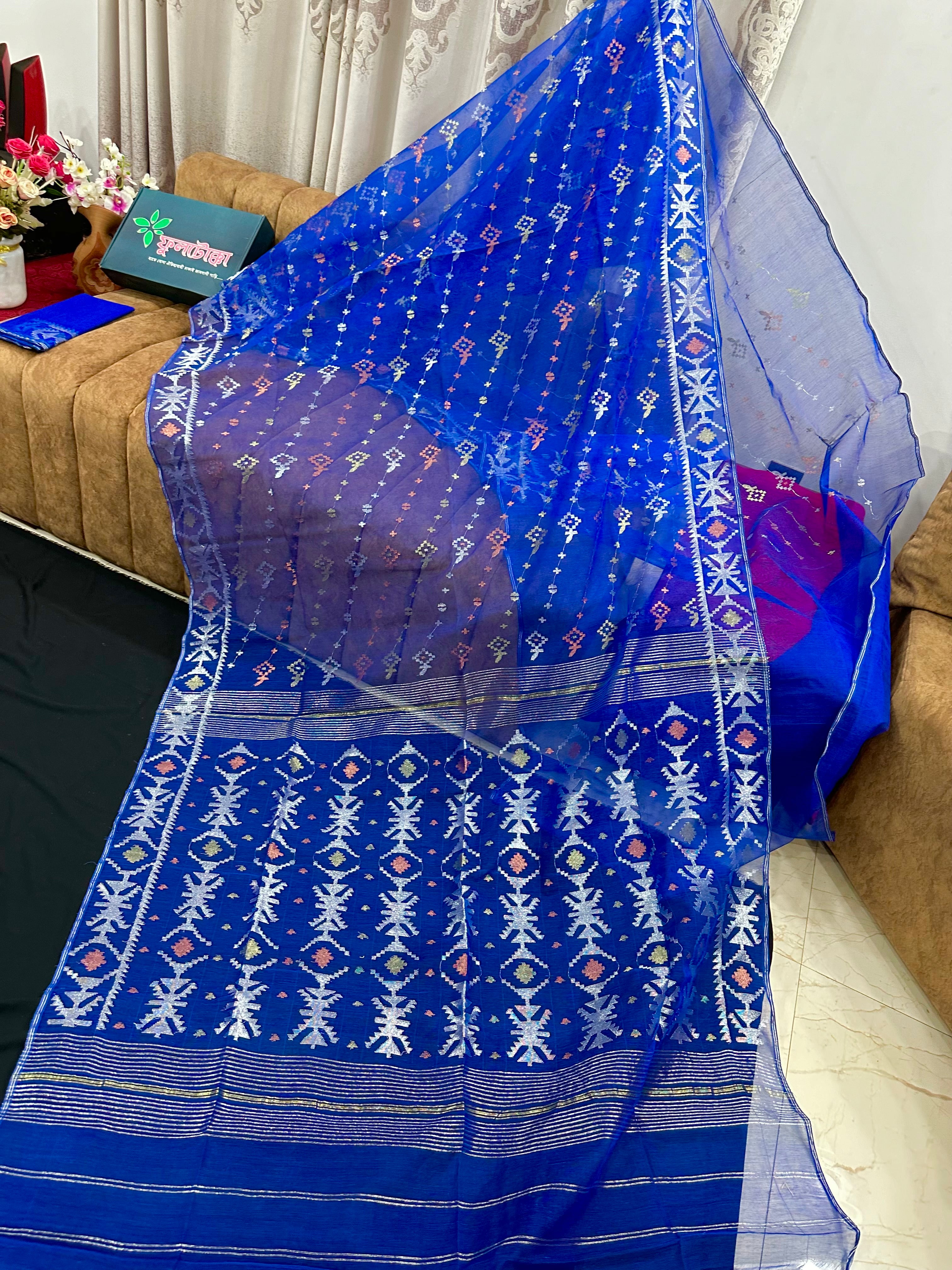 Royal Blue Handloom Jamdani Saree With Multi Jori Work.