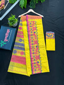 Yellow gonga jamuna design halfsilk jamdani saree with multiple colour threads work