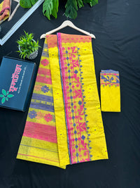 Yellow gonga jamuna design halfsilk jamdani saree with multiple colour threads work