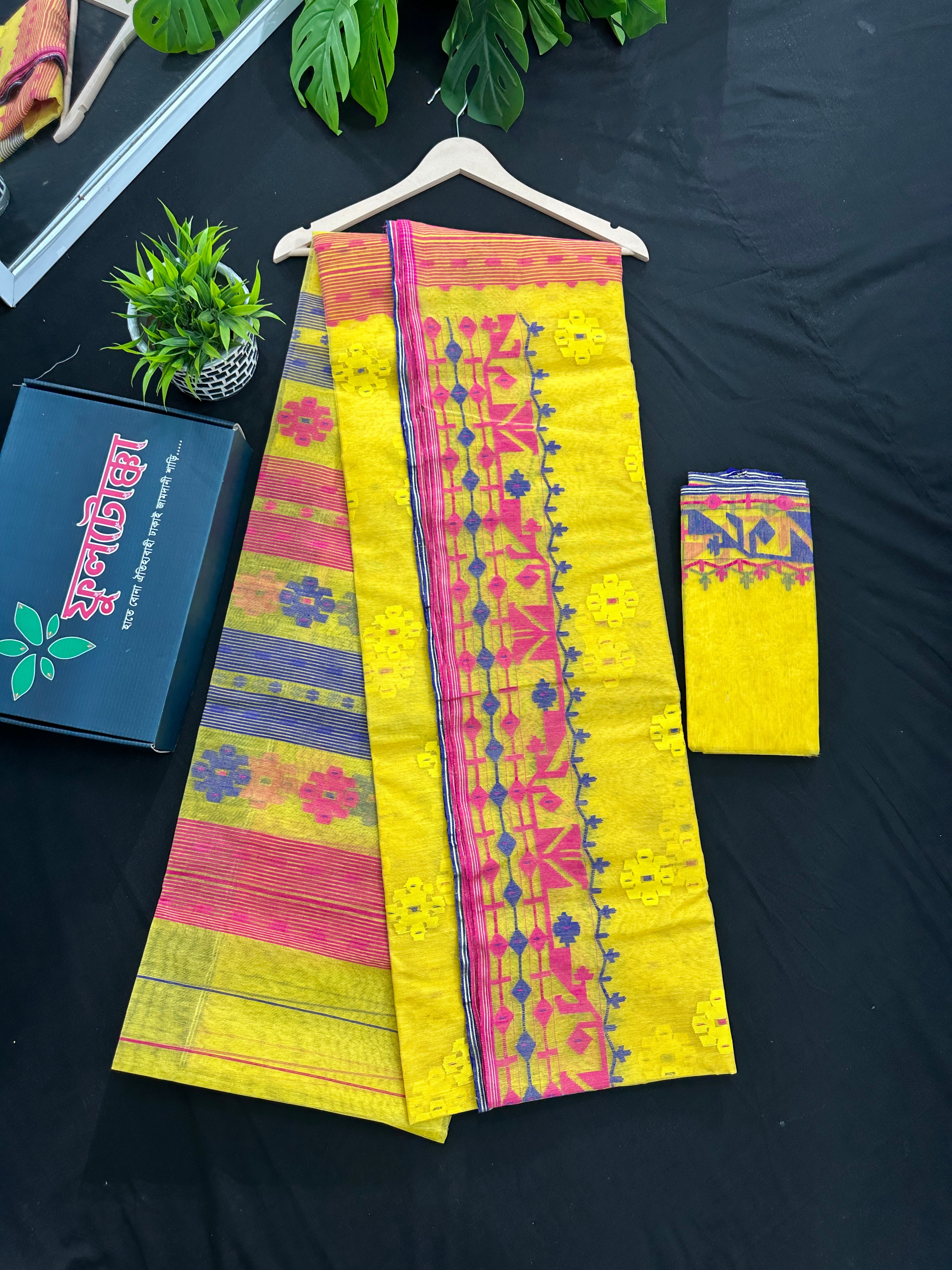 Yellow gonga jamuna design halfsilk jamdani saree with multiple colour threads work