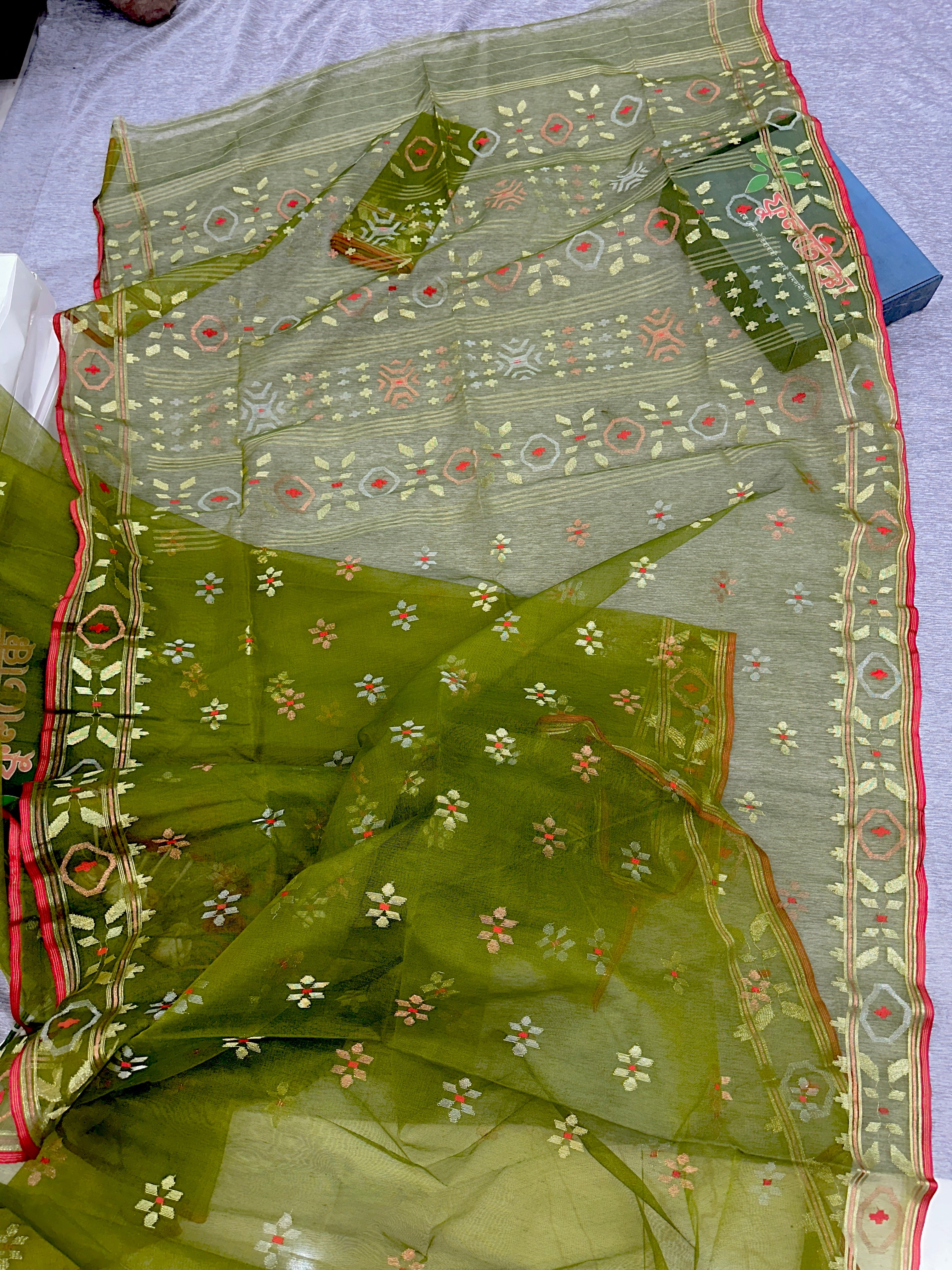 Olive green halfsilk handloom jamdani saree with golden silver & copper jori work