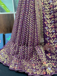 Dark bitrut dual toned exclusive halfsilk jamdani saree with golden silver & copper jori work