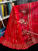 Red semi bridal halfsilk jamdani saree with golden jori work and red threads work