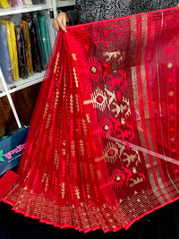 Red semi bridal halfsilk jamdani saree with golden jori work and red threads work