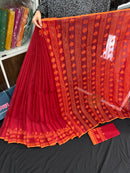 Red cotton jamdani saree with orange threads work