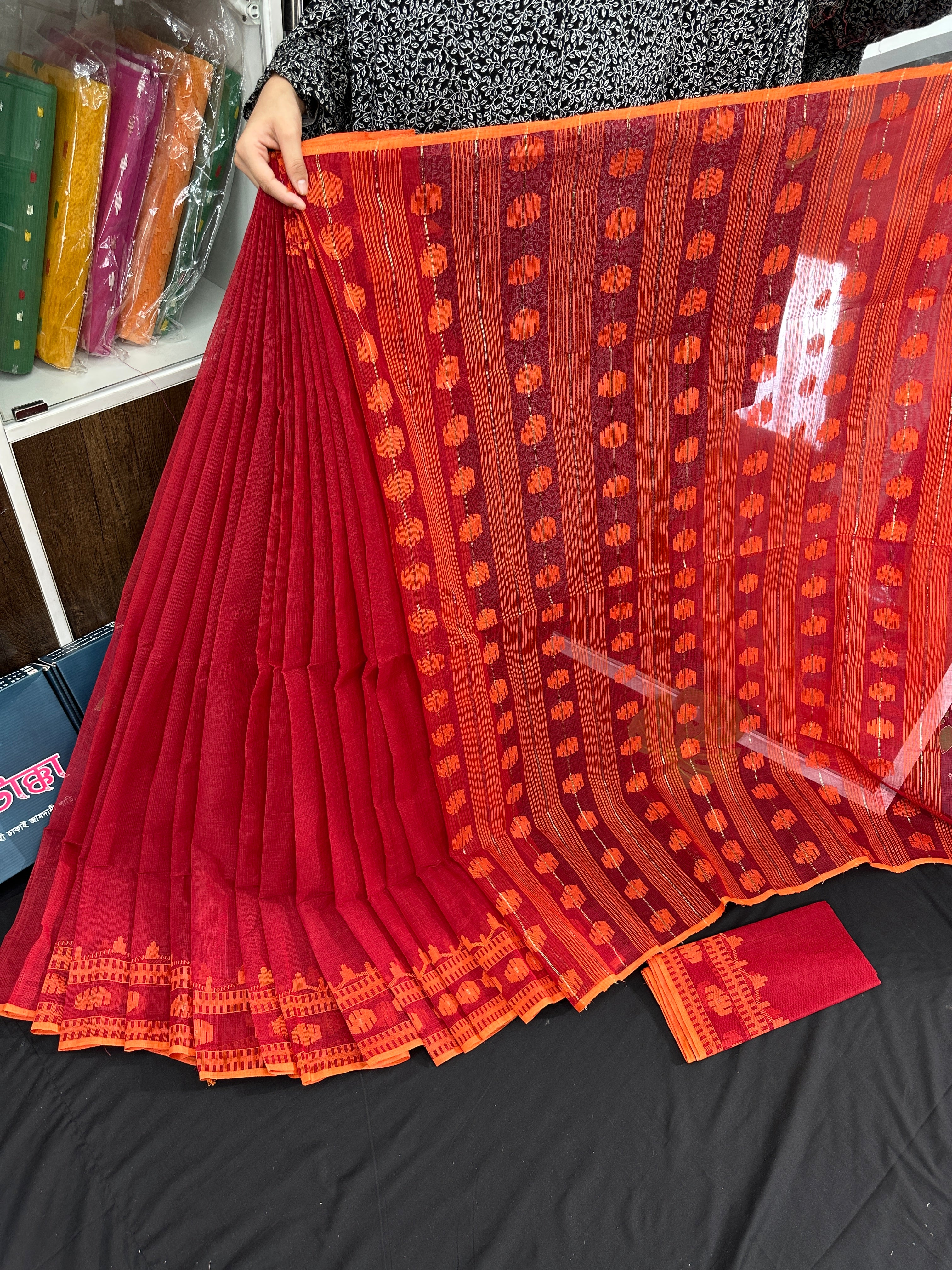 Red cotton jamdani saree with orange threads work