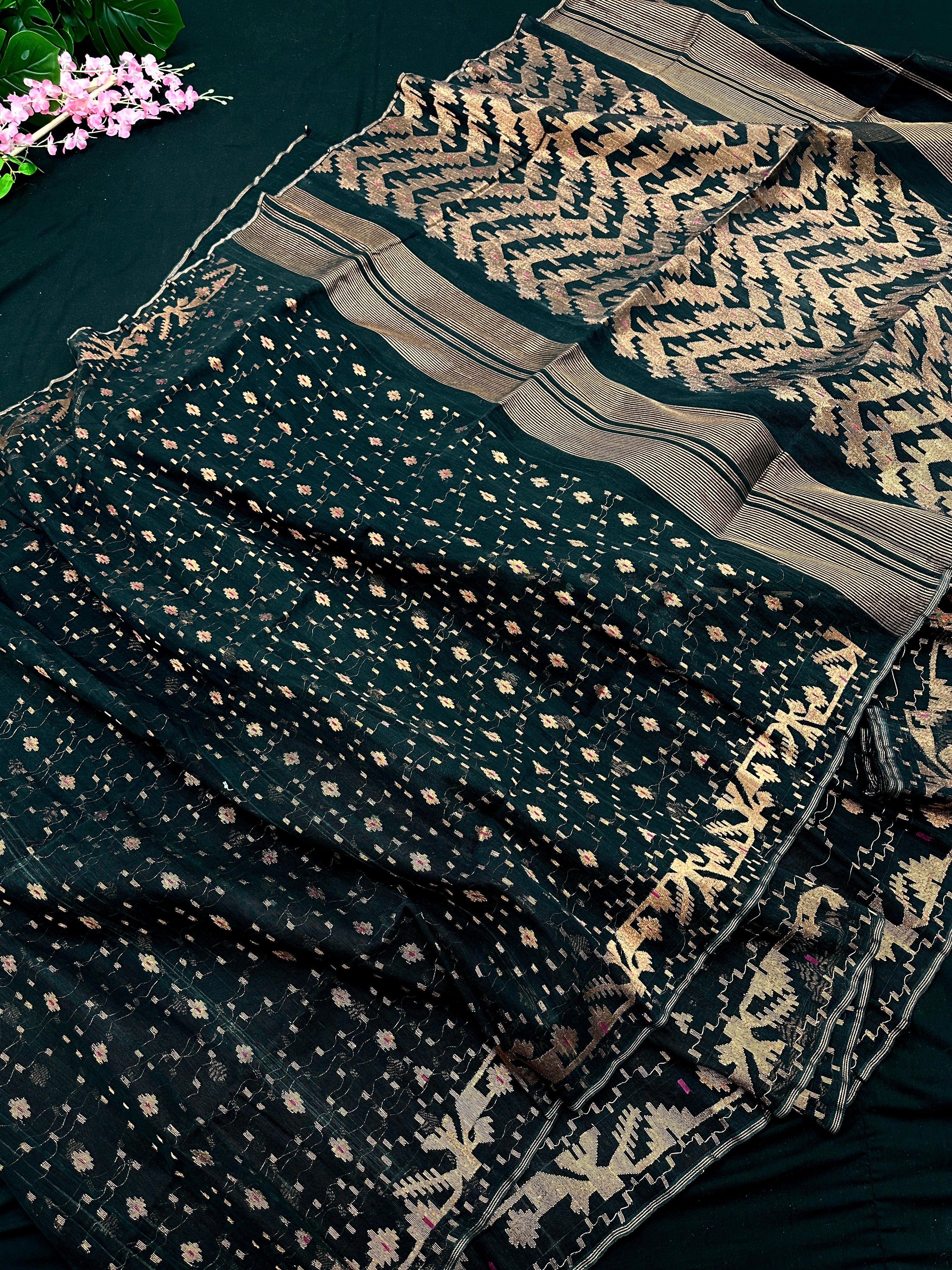 Black With Copper Jori Work  Jamdani Saree.