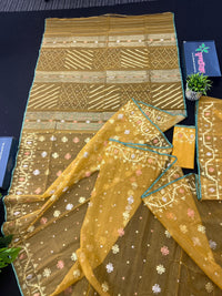 Yellow Original Handloom Dhakai Jamdani With Golden Silver & Copper Jori Work