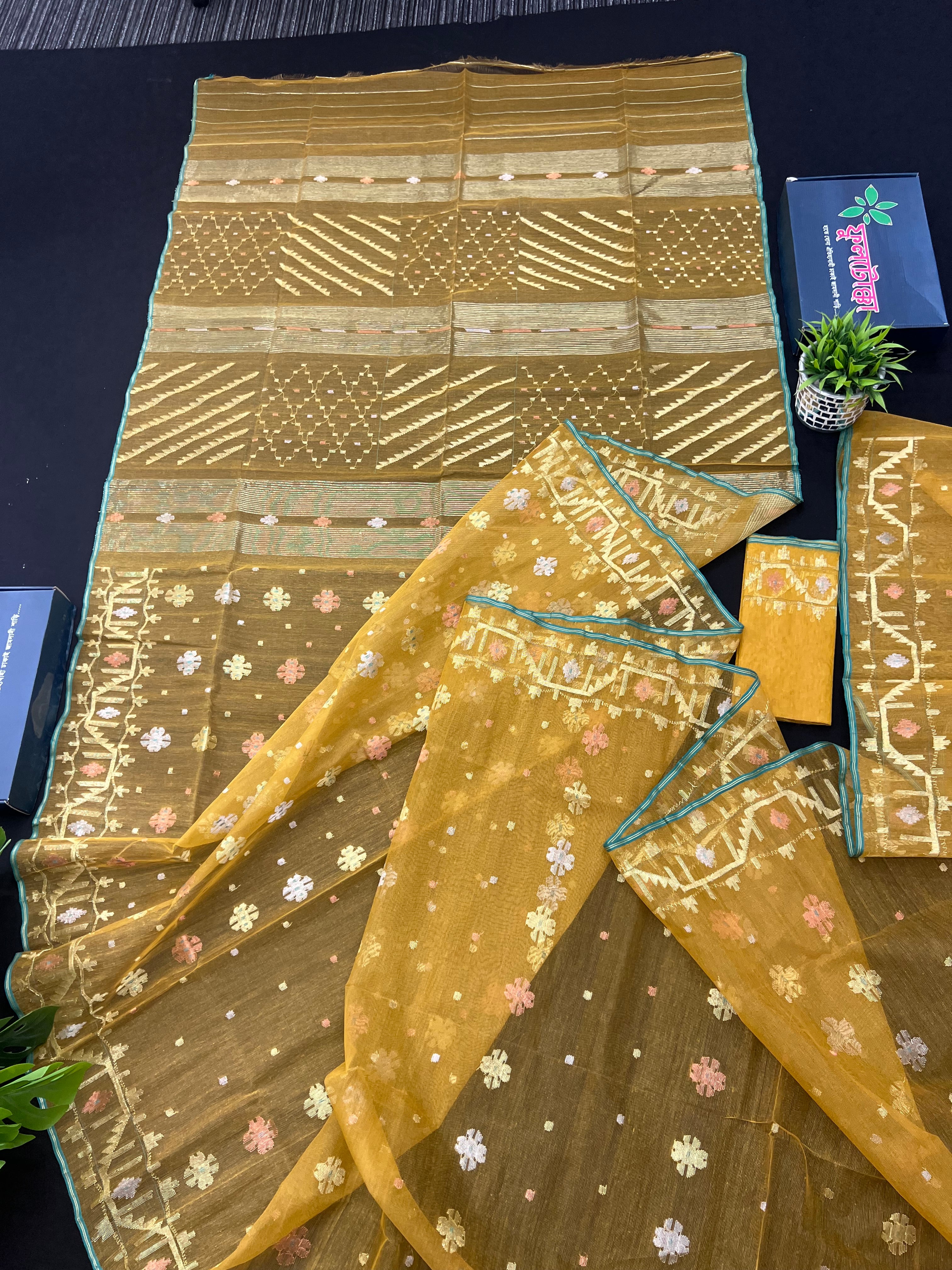 Yellow Original Handloom Dhakai Jamdani With Golden Silver & Copper Jori Work