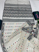White cotton jamdani saree with black red yellow green threads work & blouse piece.