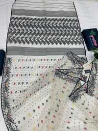 White cotton jamdani saree with black red yellow green threads work & blouse piece.