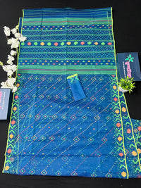 Sea Green Original Handloom Dhakai Jamdani With Orange Green & Yellow Threads Work