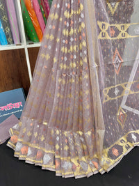 Lilac halfsilk jamdani saree with golden silver & copper jori work