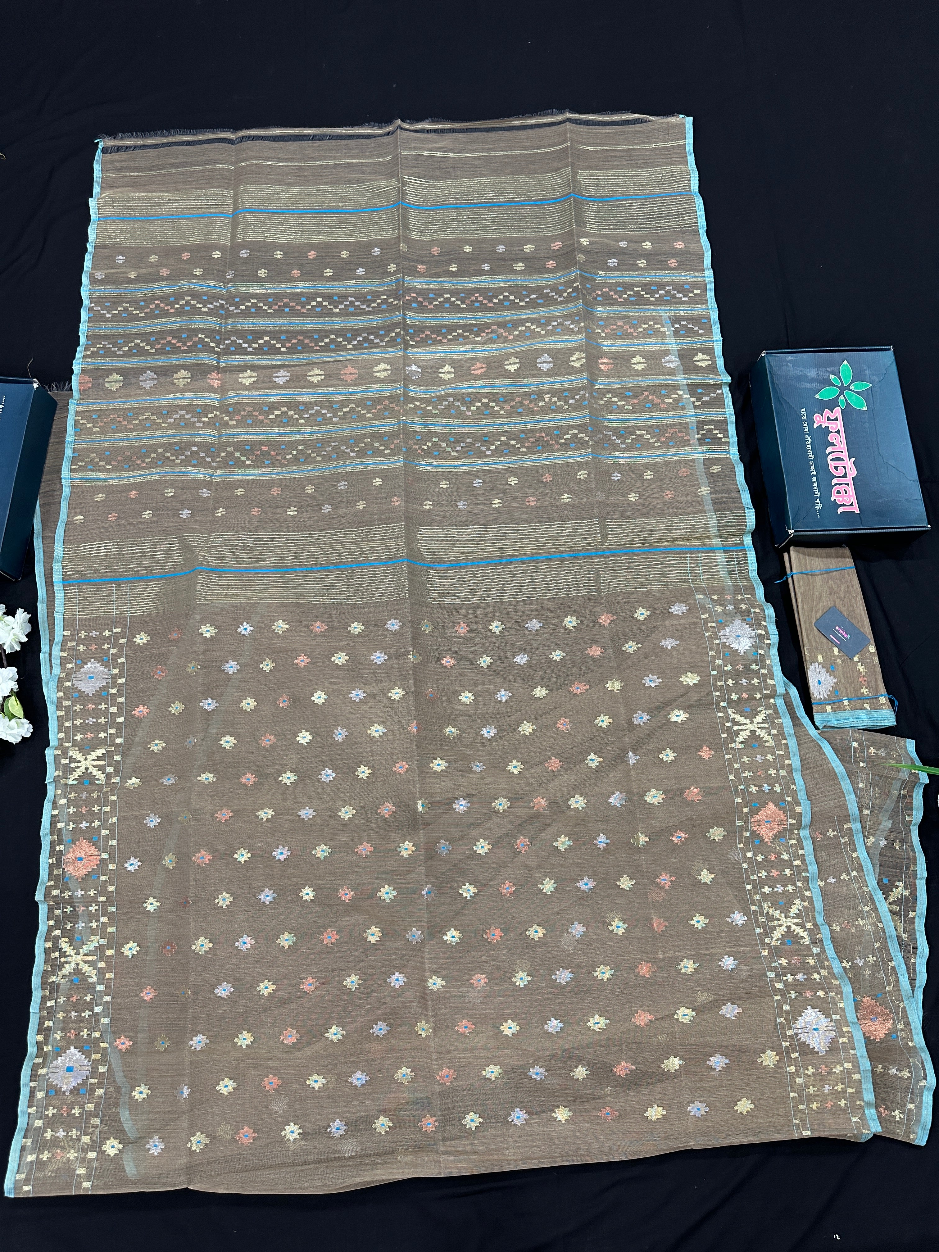 Dull Brown dhakai jamdani saree with golden silver & copper jori work all over work soft count