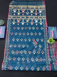 Blue Colour Original Handloom Halfsilk Dhakai Jamdani Saree With Golden Silver & Copper Jori Work
