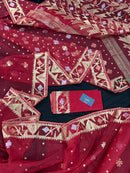 Red jamdani saree with golden jori all over work with blouse piece.