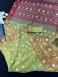 Green & Orange Colour Original Handloom Halfsilk Dhakai Jamdani With Golden Silver & Copper Jori Work