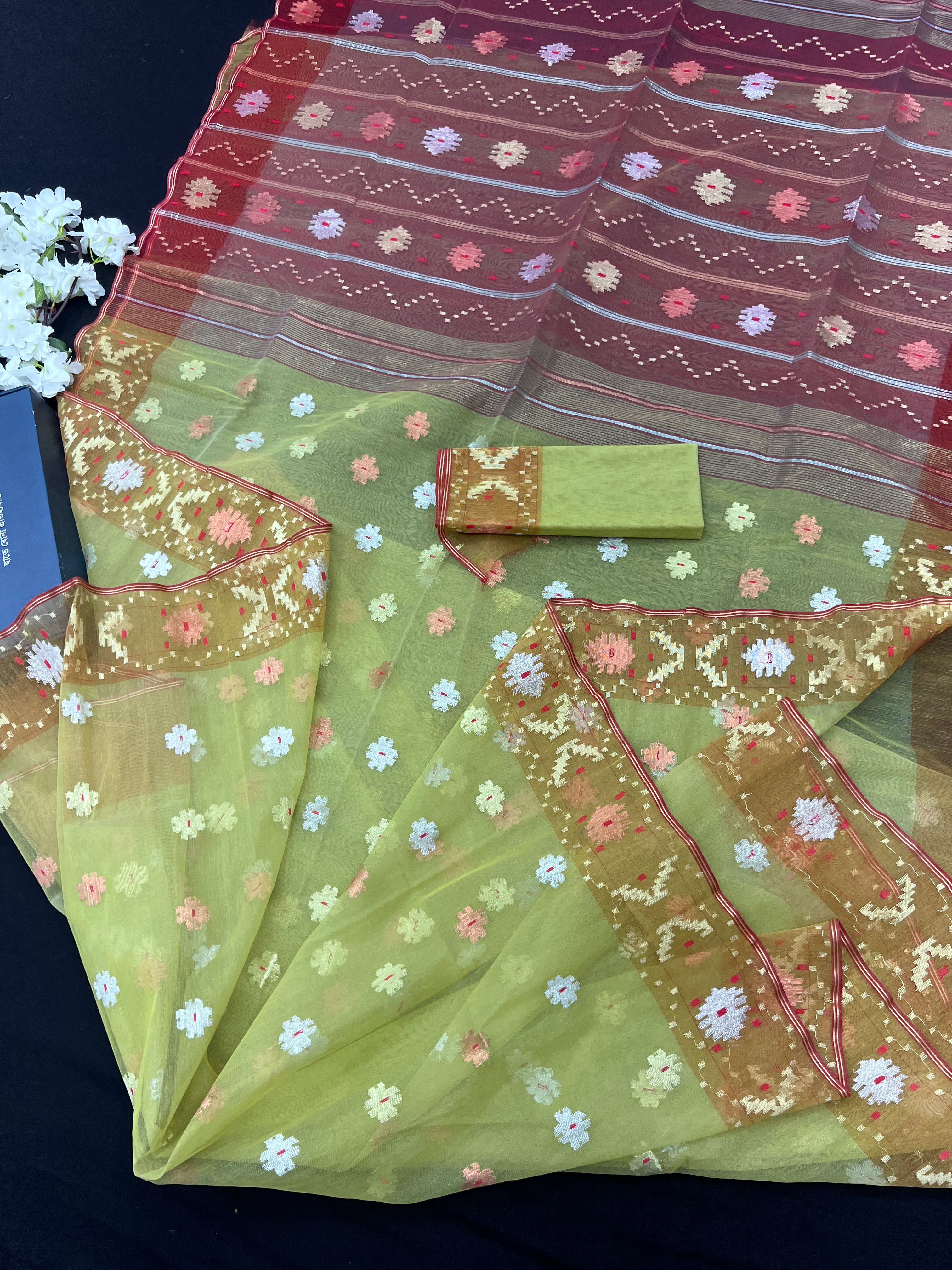 Green & Orange Colour Original Handloom Halfsilk Dhakai Jamdani With Golden Silver & Copper Jori Work