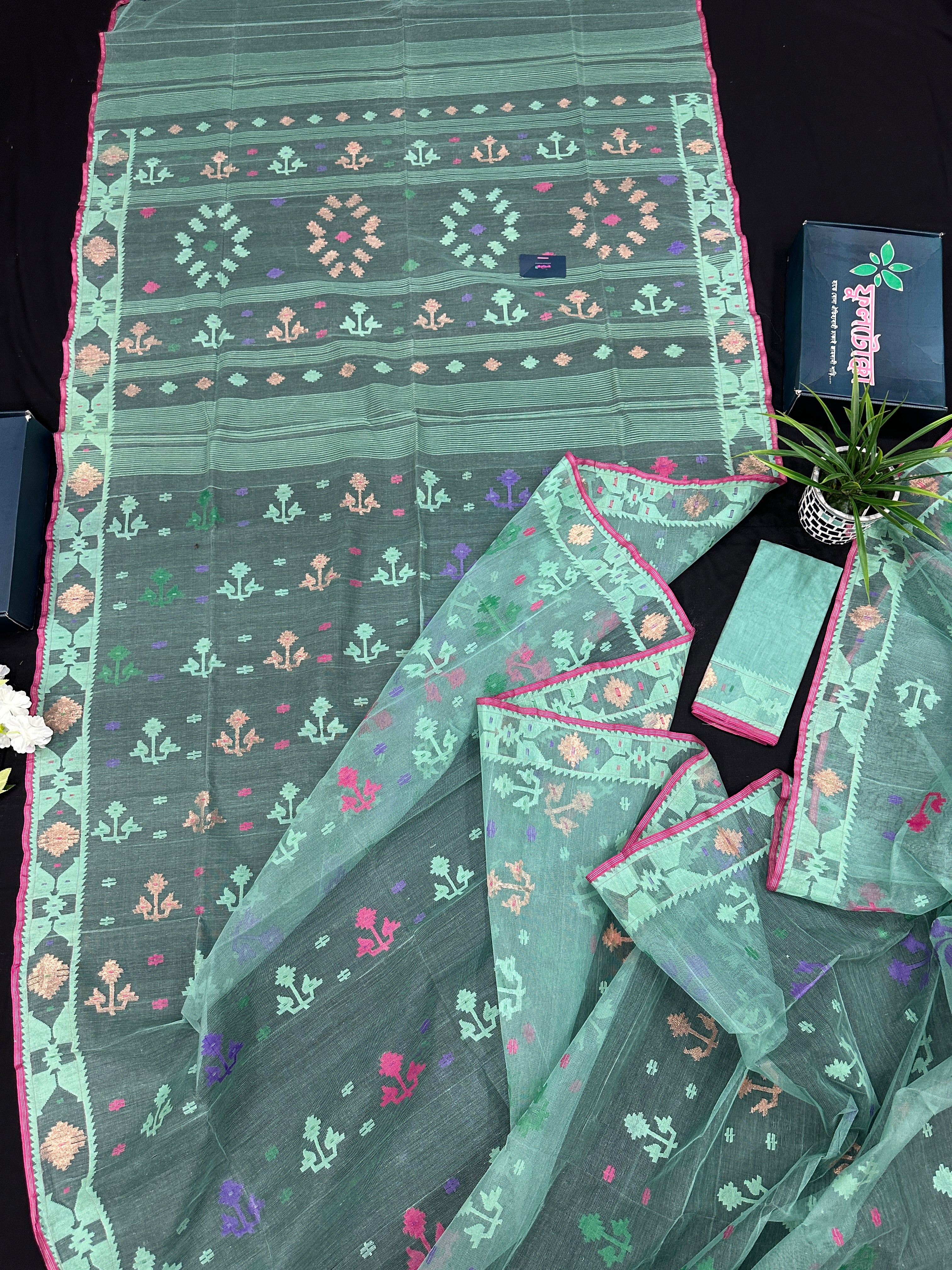 Bright Teal Blue dhakai Jamdani saree with pink border all over work soft count.