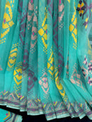 Turquoise blue exclusive halfsilk jamdani saree with yellow pink purple golden threads work
