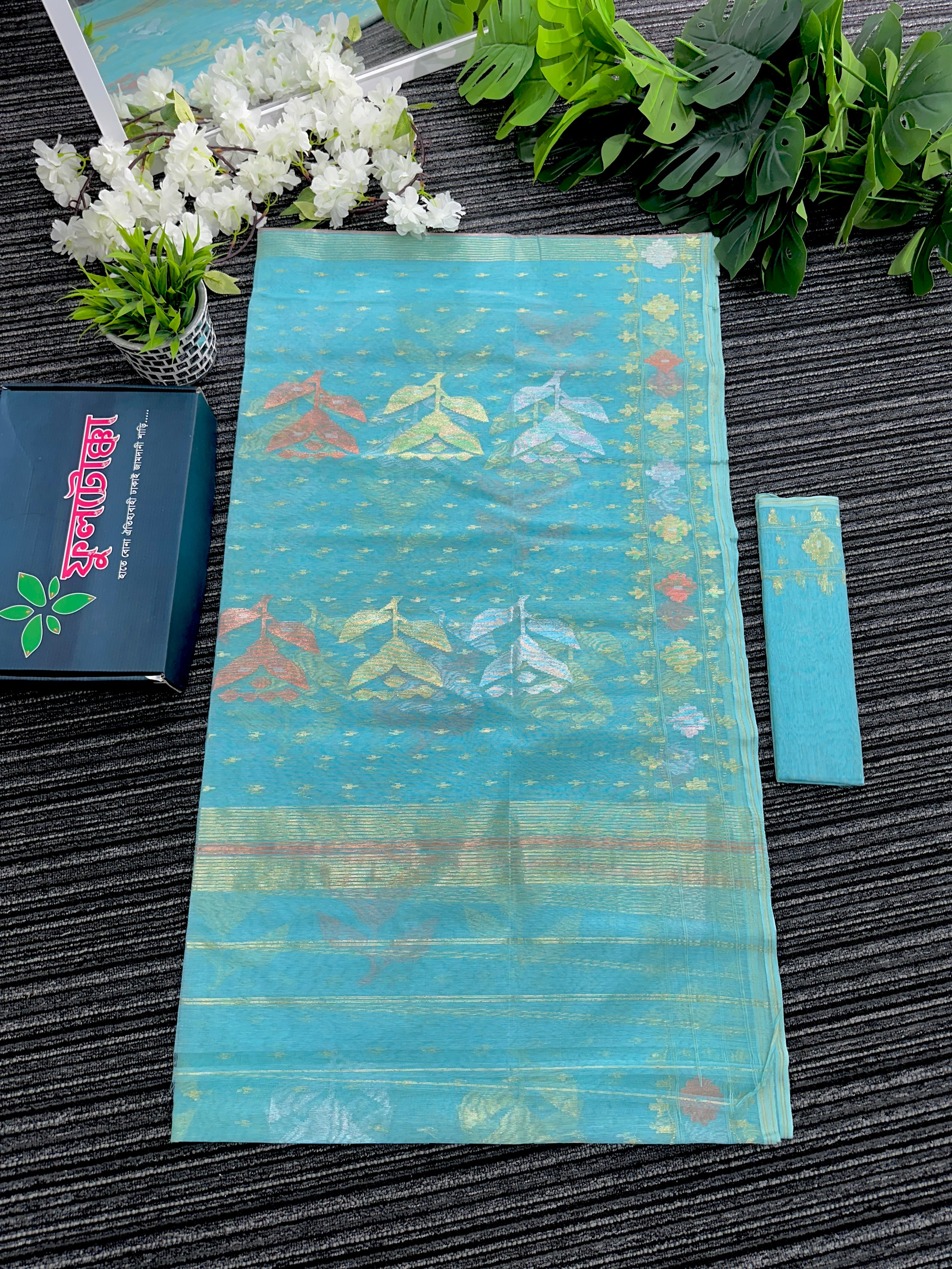 Ocean blue halfsilk jamdani saree with golden silver & copper jori work