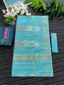 Ocean blue halfsilk jamdani saree with golden silver & copper jori work